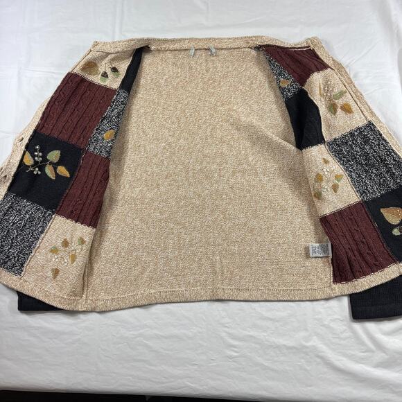 Cabin Creek Ramie Cotton Sweater Cardigan Patchwork Fall Leaves Toggle Buttons - Picture 7 of 10